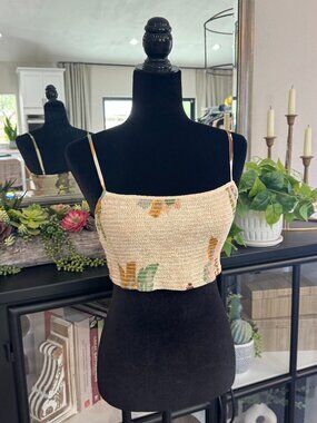 Free People Light Peachy Pink Ruched Large Floral Cropped Cami - Size M